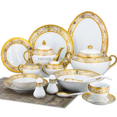 China Sustainable Royal New bone china Fine Porcelain Ceramic Dinnerware Sets 47 piece 72pcs Dubai Gold Dinner Set Dinnerware Set For 6 Person for sale