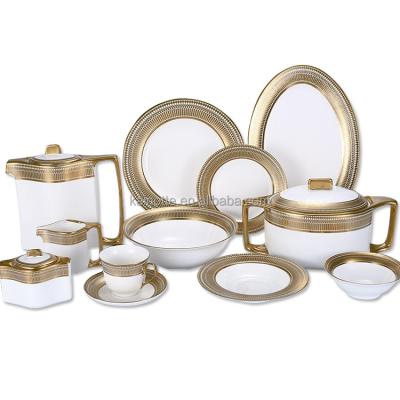 China Sustainable Luxury Middle East Style Gold Rim And White 61pcs Tableware White Ceramic Round Plate Bowl And Square Teapot Dinner Set for sale