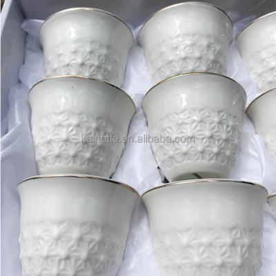 China Sustainable Elegance Gold Line Embossed New Bone china Porcelain 12cups Arabic Cawa Coffee Cup Ceramic 80CC Cawa Cup for sale