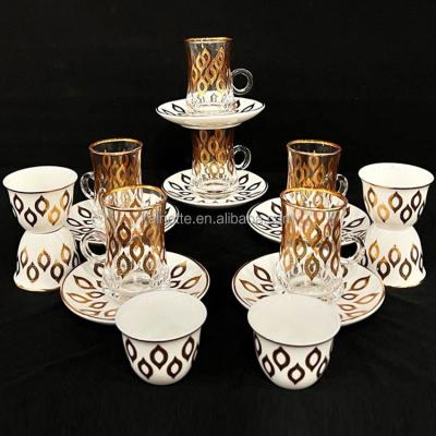 China Sustainable Glass tea set Customized Design 36pcs Arabic Saudi Dubai Middle-East Market Factory Wholesale Coffee Cup and Saucer With Cawa for sale