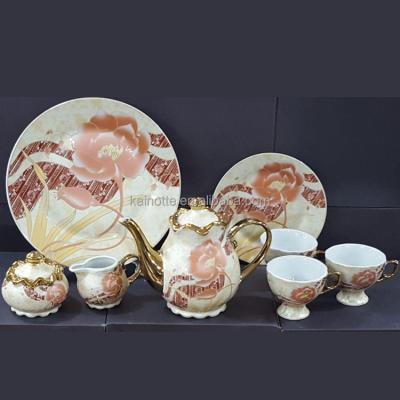 China Sustainable Middle Eastern Market 17 pcs 24pcs arabic dubai coffee cups set classic flower pattern gold plated tea sets teapot tea cup set for sale