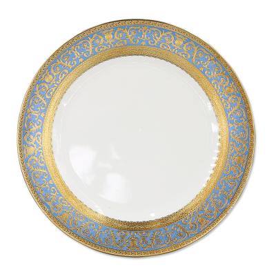 China Sustainable Customized Good Price Luxury Middle East Style Gold Rim Pattern Design 7.5inch 10.5inch Porcelain White Flat Round Plates for sale