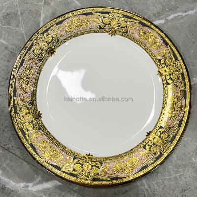 China CLASSIC Fine Porcelain Luxury Bone China Big Round Gold Plated Customized Ceramic 14inch Dinner Dishes & Plates For Party Home for sale