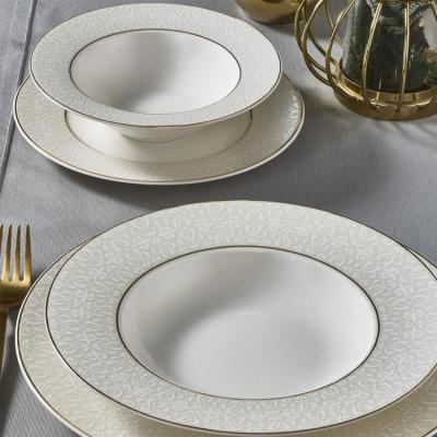 China CLASSIC 7.5 inch 10.5 inch New Bone china Porcelain Round Shape Gold Line Dinner Plates Ceramics Set Luxury Embossed Ceramic Plate for sale