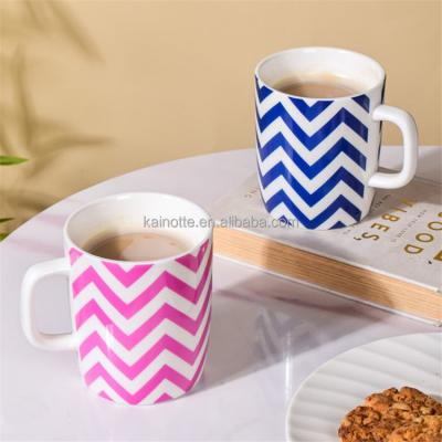 China Sustainable custom logo ceramic factory printed design white porcelain wholesale simple stripe custom shape coffee mugs for sale