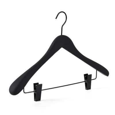 China Personalied Customized Black Rubber Coated Wooden Clip Hanger For Clothes for sale