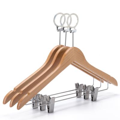 China Country Anti-thief Ring Natural Wooden Hanger Manufacture Hotel Wooden Hangers with Metal Clips for Pant Skirts for sale