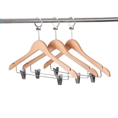 China Factory CLASSIC Anti-thief Clothes Hanger China Natural Wooden Hotel Hangers With Metal Clips for sale