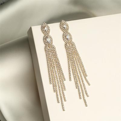 China High Quality Fashion Wedding Alloy Rhinestone Geometric Diamond Long Chain Tassel Drop Earrings Jewelry For Women for sale