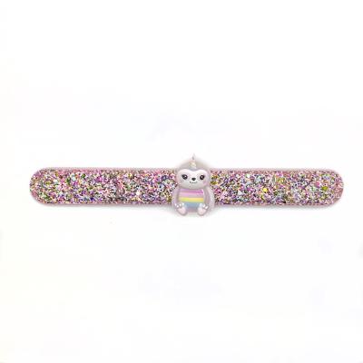 China Hot factory direct sale dome resin sloth charm cute sparkle PU slap bracelet cute girl accessory funny animal for sale