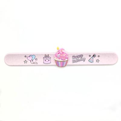 China Glitter printing factory direct sale birthday gift birthday cake charm silicone slap bracelet for sale