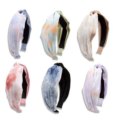 China Women's Hair Hands Wholesale New Style Hair Satin Tie Dye Color Chiffon Cross Bow Accessory Headband For Women for sale