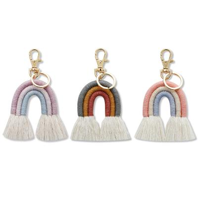 China Handmade Keychains Boho Rainbow Tassel Fabric Woven Key Chain Multicolor Cotton Keyring Holder Woven Key Chain for sale