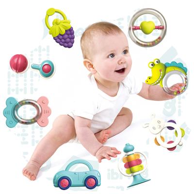 China Softly 8 Pcs Set Baby Teether Toys Newborn Baby Toy Infants Safety Plastic Hand Bell Rattle Silicone Teether Set Toy for sale