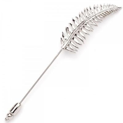 China FASHION LUXURY STAINLESS STEEL FERN IN RHODIUM PLATED SILVER UNISEX LAPES PIN for sale