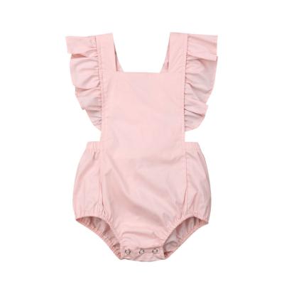 China Simple 100% Cotton Children's Clothing Girls Summer Solid Color Lotus Edge Halter Onesie Sleepsuit for sale