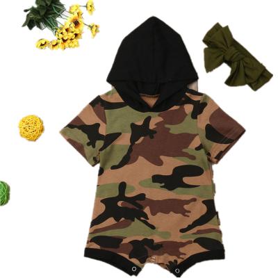 China Spandex/Cotton Kids Crawling Costume Camouflage Short Sleeve O-Neck Bandeau Boy And Girl Summer Baby Hooded Romper for sale