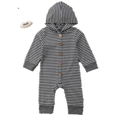 China 100% Cotton Boy And Girl Striped Hooded Button Zipper Comfort Baby Single Breasted Romper for sale