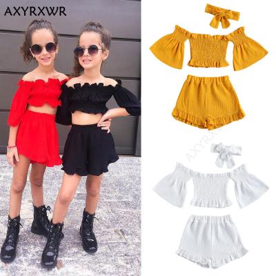 China ENGLAND STYLE girl clothing sets kids summer sets 3 piece headband off shoulder shirt short pants for sale