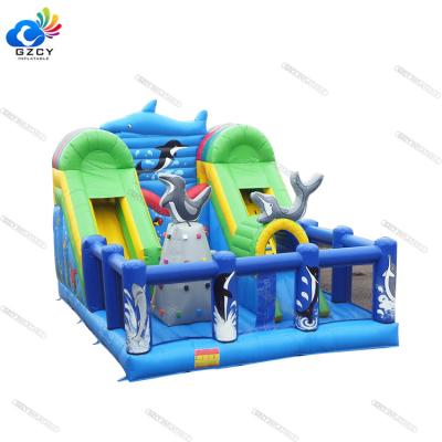 China Hot sale Plato 0.55mm PVC tarpulin ocean slide design inflatable dolphins picture inflatable playground for adults and kids for sale