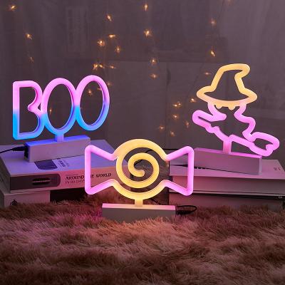 China Modern Kids Room Decoration LED Neon Lamp Sign AA LED Night Light Candy Battery Operated Witch Shape Halloween Decoration Table Lamp for sale