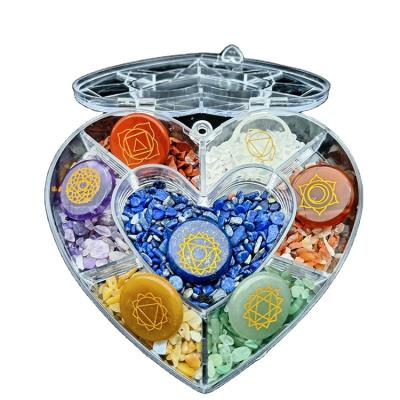 China Wholesale Natural Europe Crystals Meditation Heart Shape Box 7 Chakra Engraved Stones Set Healing Tumbled Stones for sale