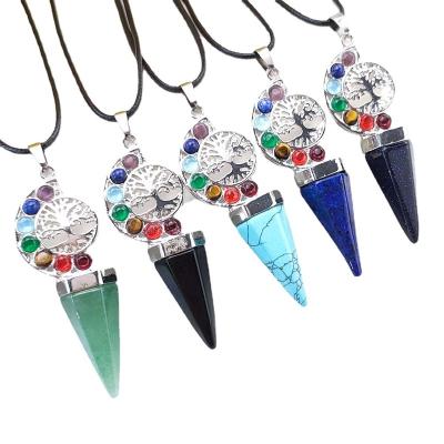 China Natural Europe Chakra Stones Reiki Jewelry Healing Crystal Tree Of Life 7 Chakra Pendulum Pendant Necklace for sale