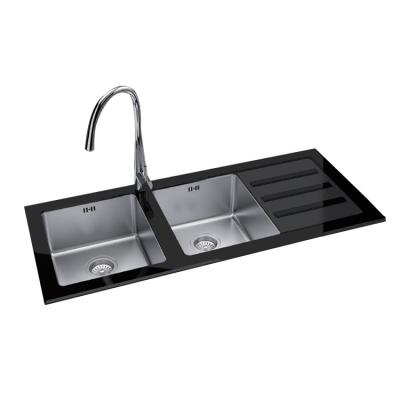 Китай With Faucet OEM Manufacturer Kitchen 16 Gauge Black Glass Topmount Handmade Stainless Double Bowl Sink With Drainer продается