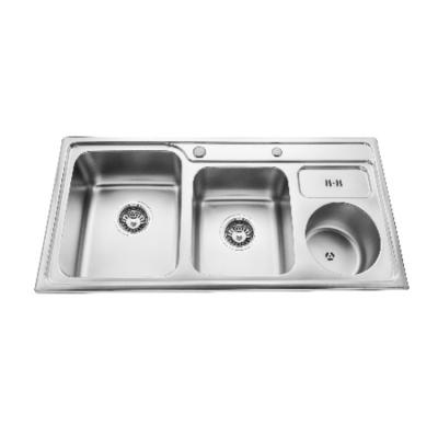 China With faucet luxury multifunctional topmount double hit kitchen basin sink wholesale with waste bin and knife shelf for sale