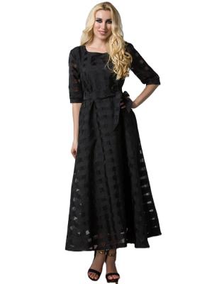 China Anti-static popular retro design eye catching ladies summer big plaid dresses long women see through plus size black dress for sale