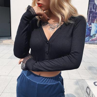 China Fashion New Design QUICK DRY Autumn Leisure Women Spliced ​​Lace Longsleeve V-Neck Straight Crop Top for sale