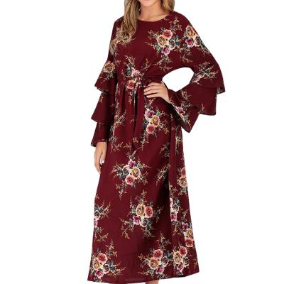 China New style fashionable daily casual formal plus size neck muslim dress long sleeve round print islamic clothing for sale