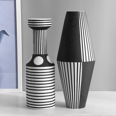 China Ceramic Lobby Decoration Hotel Soft Outdoor Nordic Style Vase Stripe Handwork Irregular Glazed Geometric White Black White Sets for sale