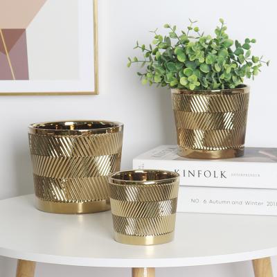 China Custom American Style Garden Decor Pasu Bunga Gold Color Plant Pots Price Cheap Glazed Ceramic Pots For Indoor And Outdoor Plants for sale