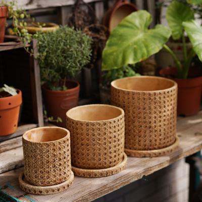 China Garden Set Durable Vasi Per Flower Fence Emboss Cement Flower Pot Outdoor Decorative Round Flower Pot for sale