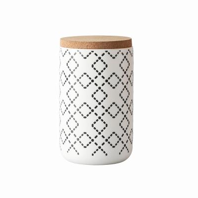 China Freshness Preservation Kitchenware MIT Vorratsglas Holzdeckel Rhombus Pattern Storage Bottles Sets Round White Ceramic Airtight Storage Jar With Lid for sale