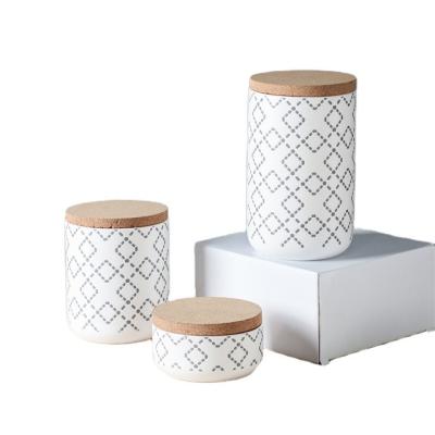 China Freshness Preservation Simple Design Storage Jar Kitchenware Storage Jar Sets Diamond Pattern Ceramic Storage Canister With Wooden Lid for sale