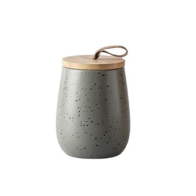 China Modern Restaurant Storage Jar Gray Ceramic Container Jar Kitchen Afood Freshness Keeping and Spice Storage Bottles with Airtight Wooden Lid for sale