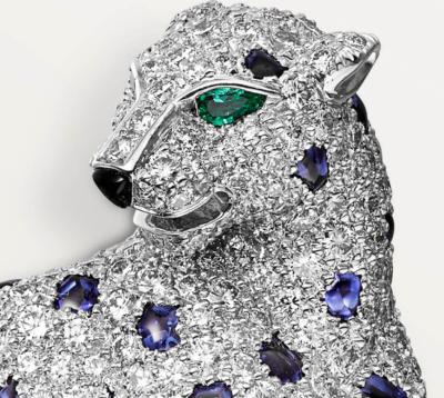 China Cheetah Diamond Emerald Sapphire White 18K Gold Brooch Fine Jewelry for sale