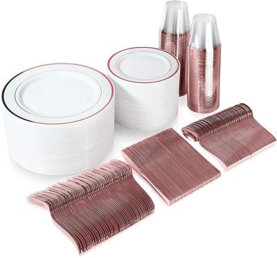 China Plastic Silverware 25pcs Rose Gold Disposable Dinnerware Set 25pcs Rose Gold Rim Plastic Plates 25pcs Country Plastic Cups for sale