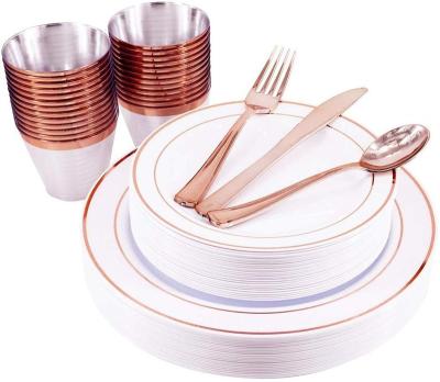 China Rose Gold Rim Disposable Plastic Dinner Plate Sets Disposable Tableware For Wedding / Party Plate Sets Tableware for sale