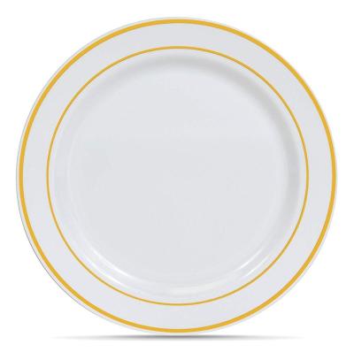 China Disposable Dinner Plates Gold White Plastic Set Balance For Wedding Party 10.25 Inch Plate Round Gold Printing PS Pattern for sale