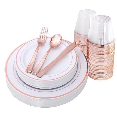 China Rose Gold Thin Layers Gold Plated Plastic Silverware Set Disposable Dishes Dinnerware Party Set Nordic Custom Disposable Dinnerware Set for sale