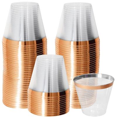 China Disposable 9oz, 12oz, 14oz Rose Gold Rim Clear Disposable Plastic PS Tumbler Cups for Party, Wedding and Big Events, 50PACK for sale