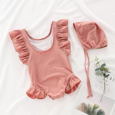 China Manufacturer Breathable OEM Designs Lovely Toddler Girls Solid Color Clothing Baby Swimwear With Hat for sale