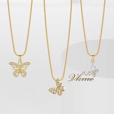 China VKME FASHIONABLE Women 18k Gold Plating Copper Butterfly Elegant Crystal Rhinestone Butterfly Necklace for sale