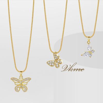 China New VKME FASHIONABLE Creative 18k Gold Plated White Crystal Butterfly Necklace Zircon Copper Butterfly Necklace For Women Gift for sale