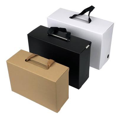 China Ribbon Handle Foldable Corrugated Cardboard Handbag Packaging Box for Socks Clothing for sale