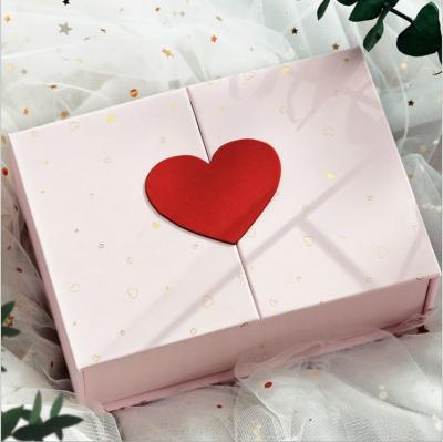 China Gift Packaging Square Pink Heart Decoration Double Doors Cosmetic Box with Ribbon Closure for sale