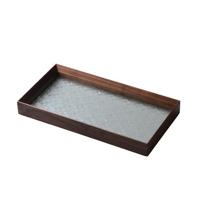 China Dark Brown Modern Style Rectangular Vintage Embossed Rustic Decorative Burnt Glass Tray Country Walnut Food Tea Coffee Serving for sale